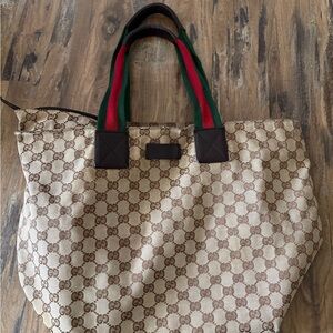 Gucci Beige and Brown Tote with Red and Green Straps